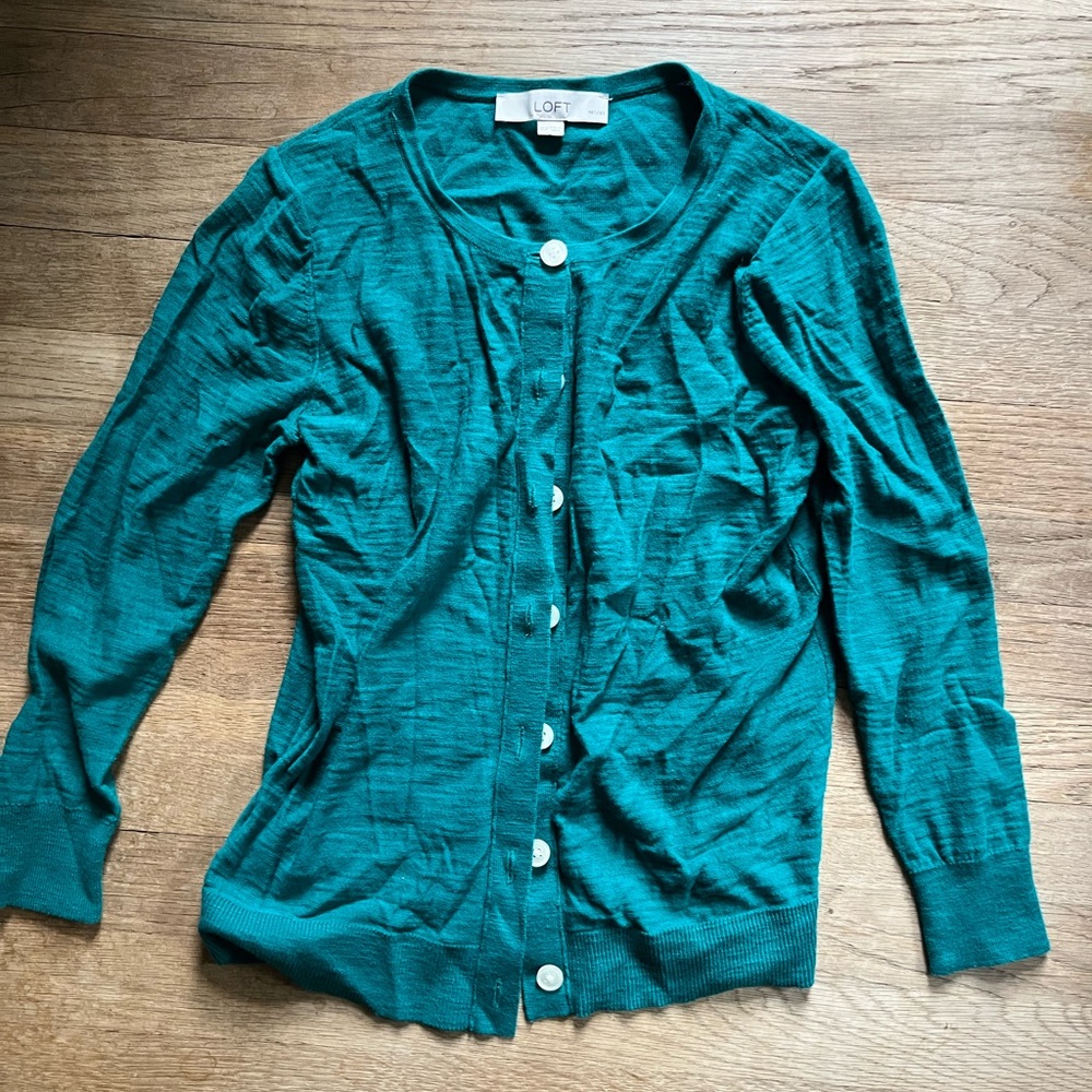 LOFT Blue Cardigan Sweater with Ribbed Edges